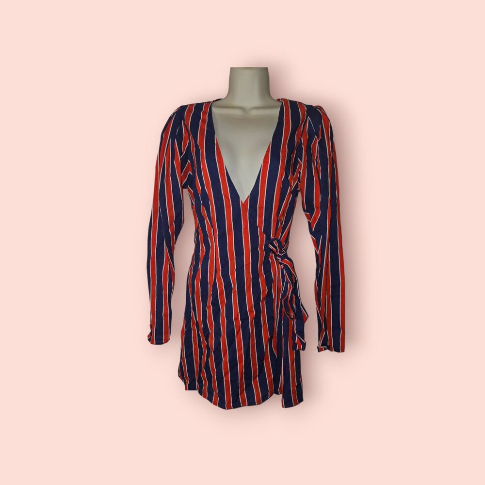 WeWoreWhat Blanca Wrap Dress Red White Blue Ribbon Stripe Summer Maxi Dress Med